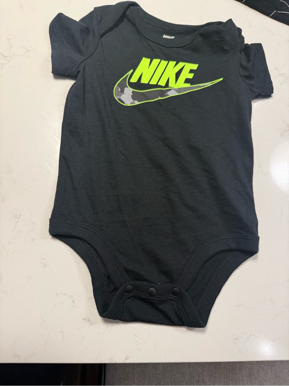 Nike Black Bodysuit with Neon Green Logo and Camo Swoosh size 6 months